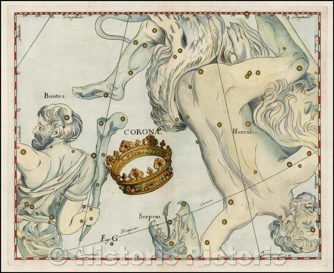 Historic Map - Corona (and Hercules) (Stars heightened in gold), 1687, Johannes Hevelius - Vintage Wall Art