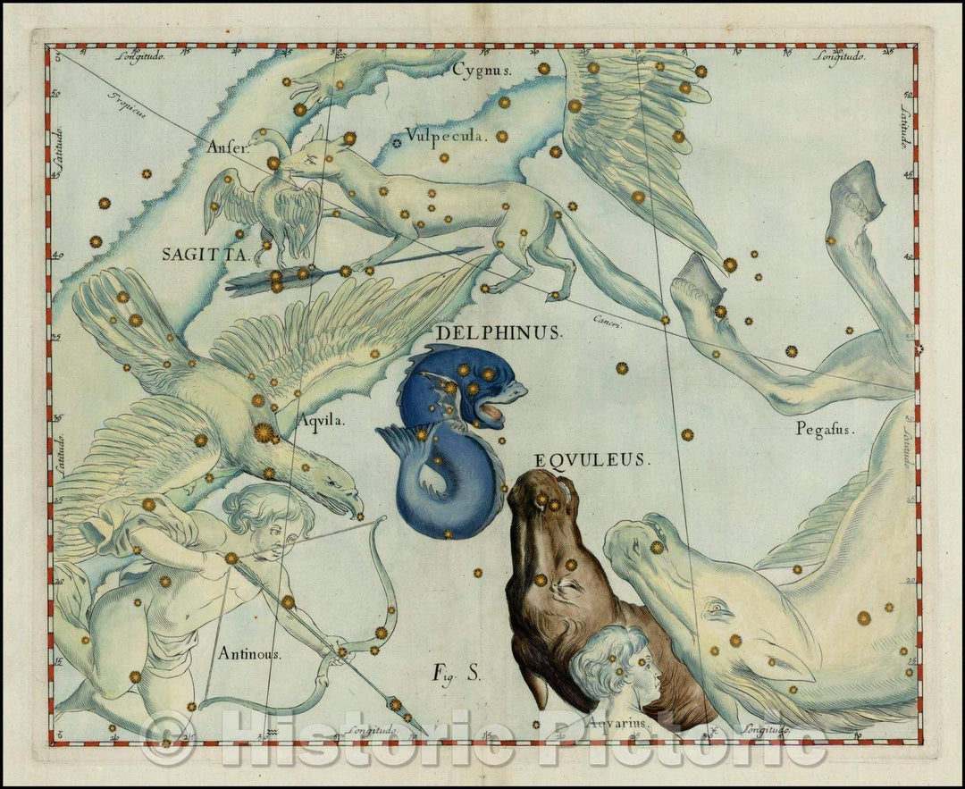 Historic Map - Delphinus and Equuleus (Stars heightened in gold), 1687, Johannes Hevelius - Vintage Wall Art