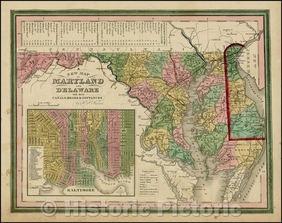Historic Map - Maryland and Delaware with their Canals, Roads, Distances, 1844, Henry Schenk Tanner v2