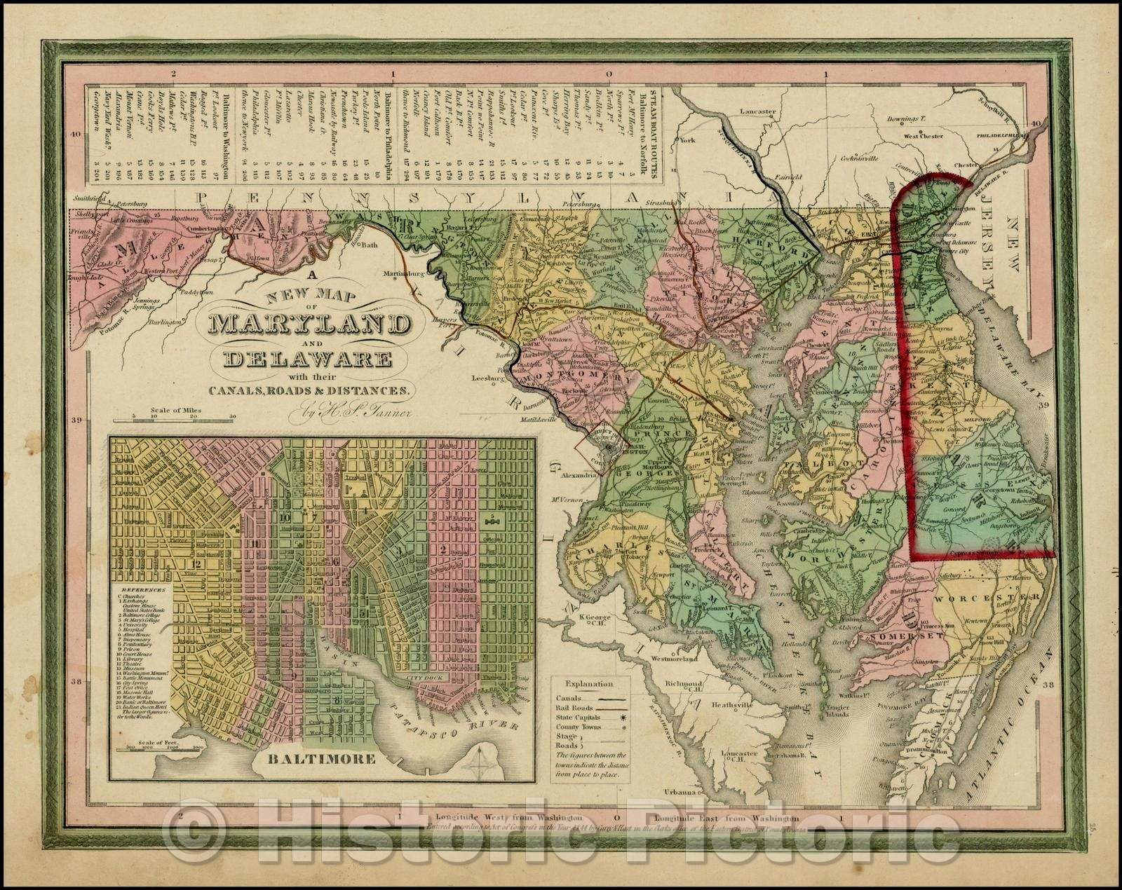 Historic Map - Maryland and Delaware with their Canals, Roads, Distances, 1844, Henry Schenk Tanner v2