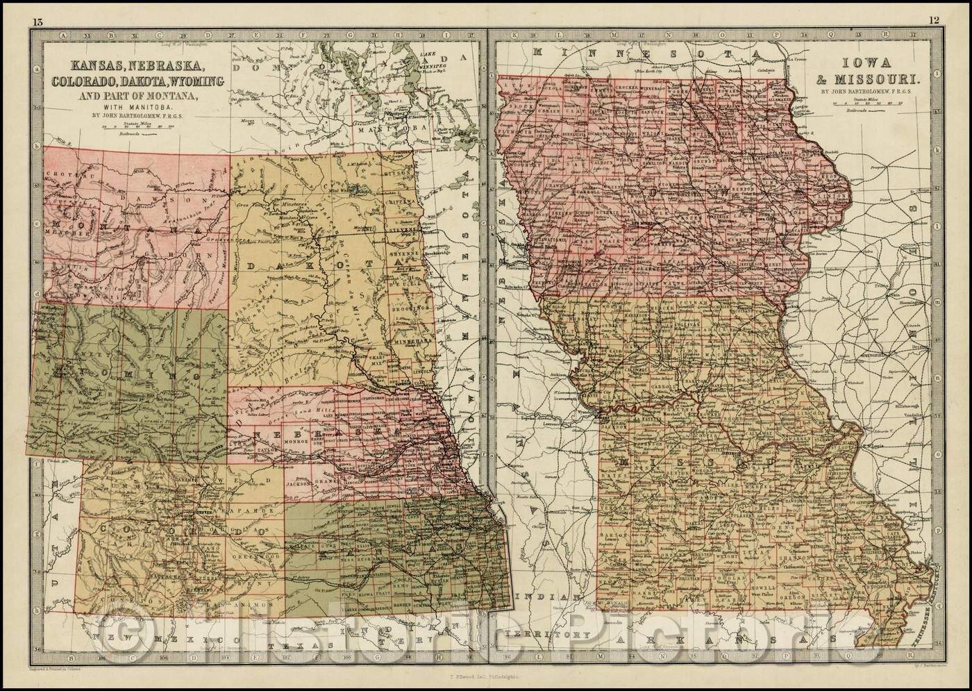 Historic Map - Kansas, Nebraska, Colorado, Dakota, Wyoming and Part of Montana with Mantioba (and) Iowa & Missouri, 1875, T. Ellwood Zell - Vintage Wall Art