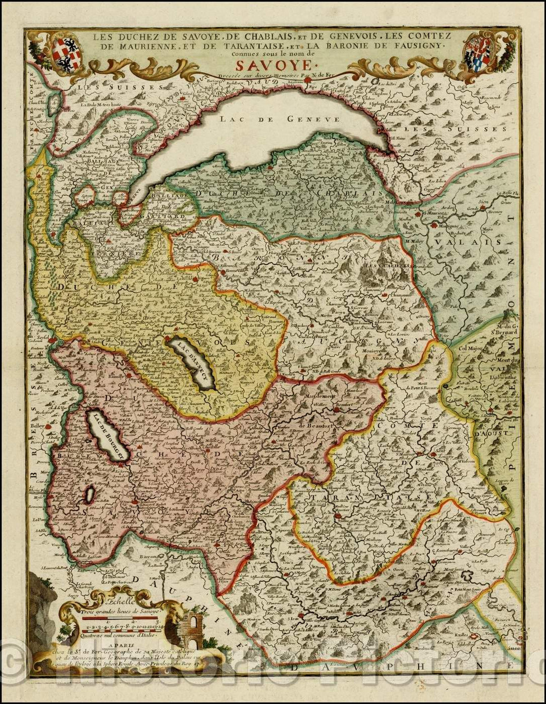 Historic Map - Les Duchez De Savoye, De Chablais, et De Genevois, Le Comtez De Maurienne :: Lake Geneva and the Savoy Region,border of Italy and France, 1709 - Vintage Wall Art