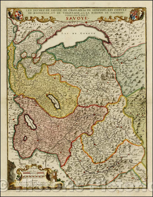 Historic Map - Les Duchez De Savoye, De Chablais, et De Genevois, Le Comtez De Maurienne :: Lake Geneva and the Savoy Region,border of Italy and France, 1709 - Vintage Wall Art