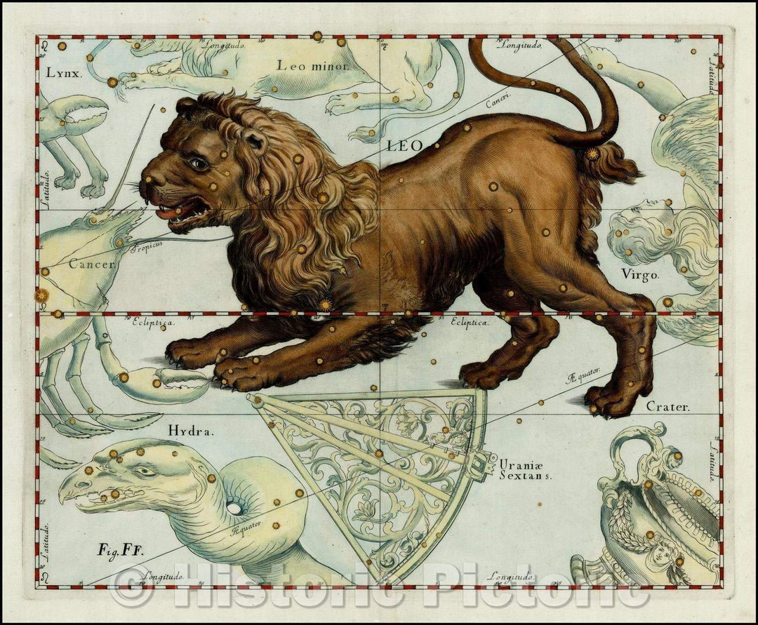 Historic Map - Leo (Stars heightened in gold), 1687, Johannes Hevelius - Vintage Wall Art
