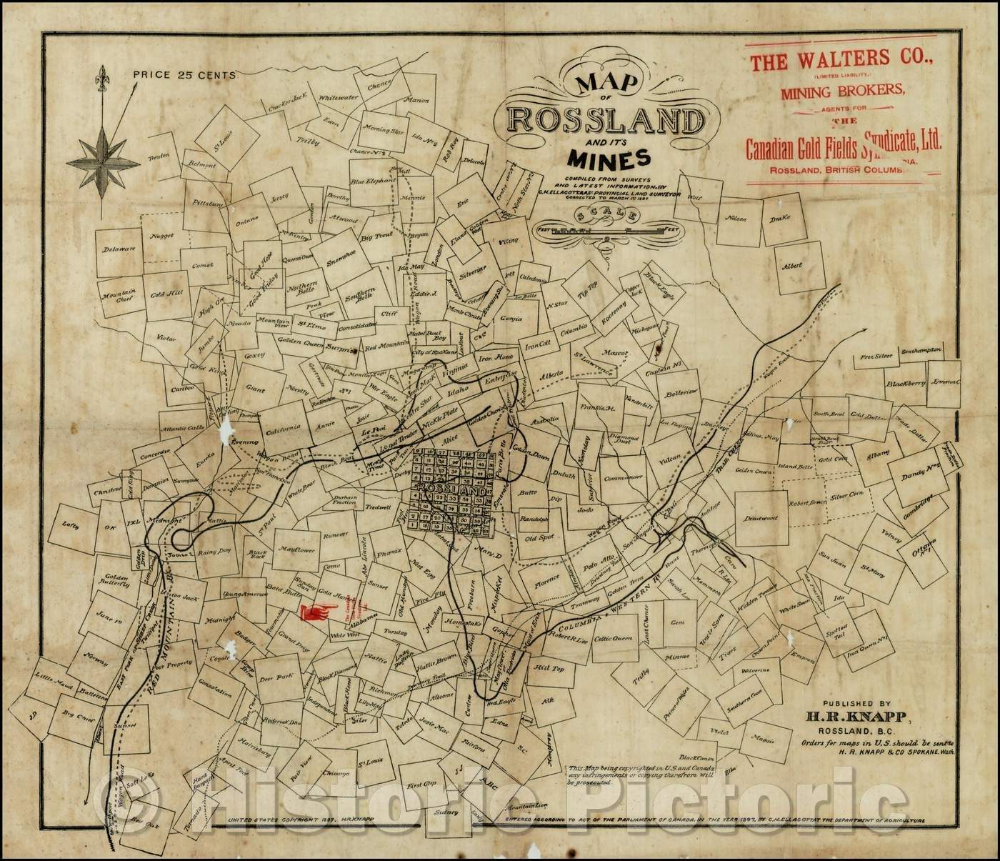 Historic Map - Map of Rossland and its Mines, 1897, C. H. Ellacott - Vintage Wall Art