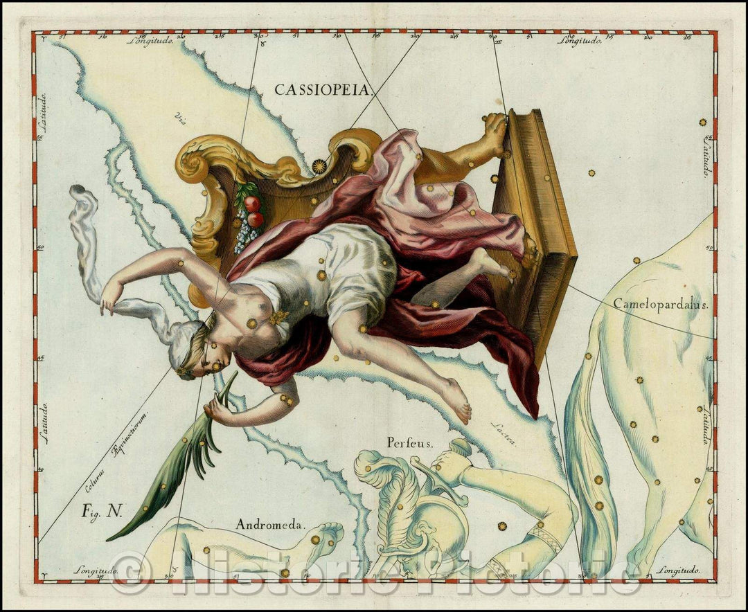 Historic Map - Casiopeia (Stars heightened in gold), 1687, Johannes Hevelius - Vintage Wall Art