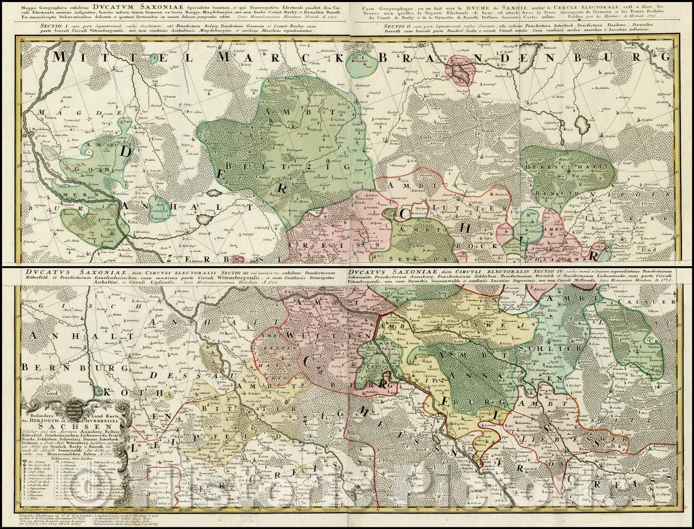 Historic Map - Befondere Land Karte des Herzogth od Churkreises Sa :: Pair of Maps of Sachsen, The Elbe River from Magdeburg in north, 1752 - Vintage Wall Art