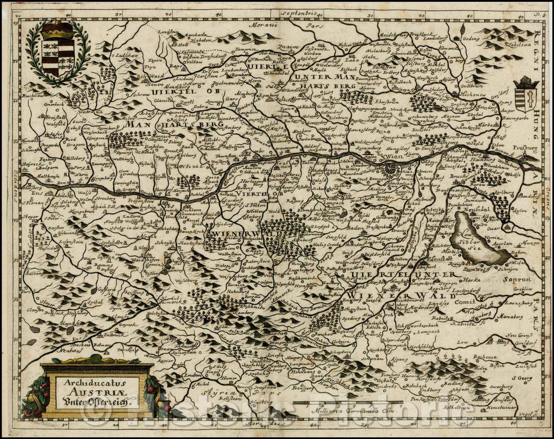 Historic Map - Archiducatus Austriae Unter Ostereich/Map of Auistria, including 2 coats of arms and cartouche, 1640, Matthaus Merian - Vintage Wall Art