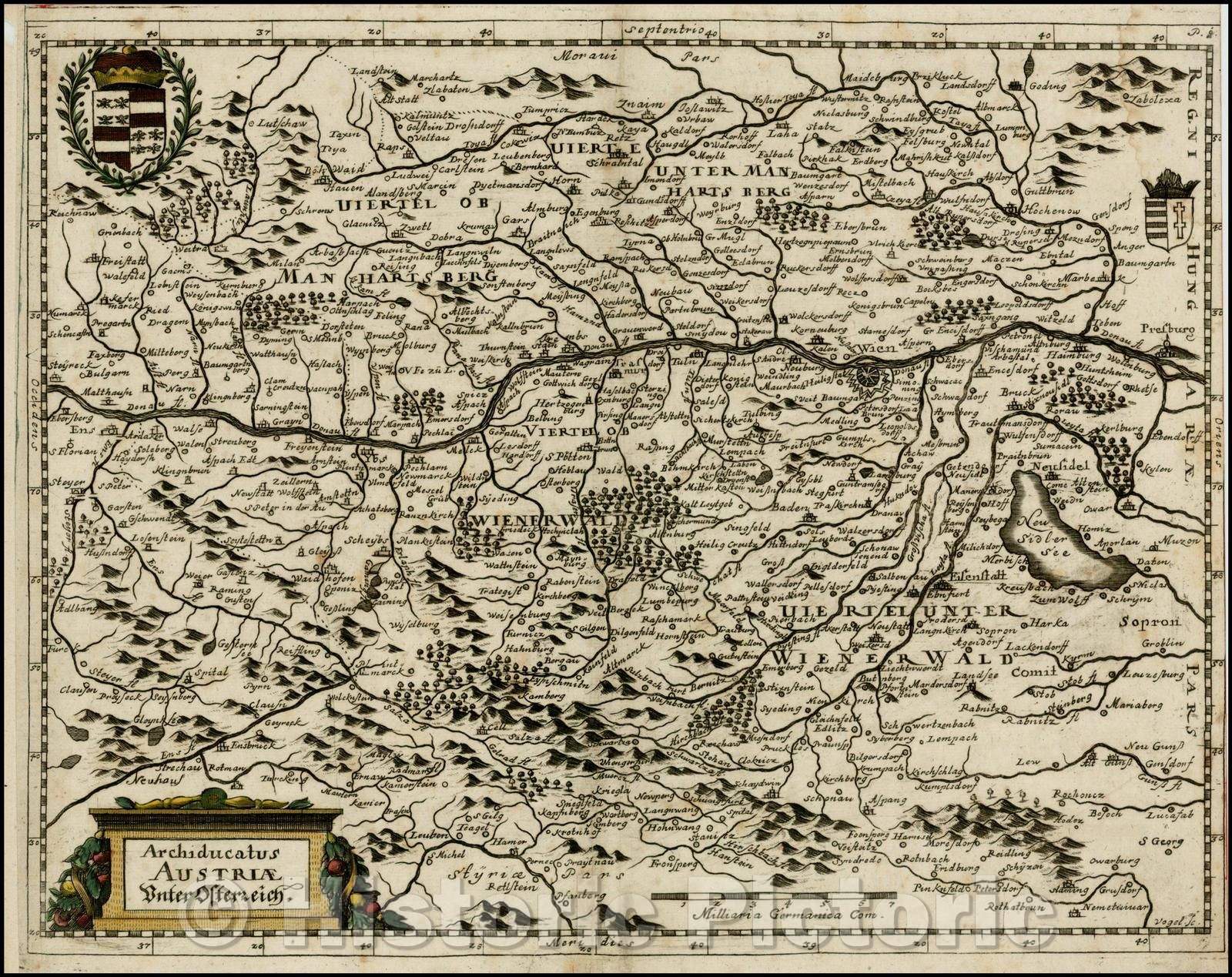 Historic Map - Archiducatus Austriae Unter Ostereich/Map of Auistria, including 2 coats of arms and cartouche, 1640, Matthaus Merian - Vintage Wall Art