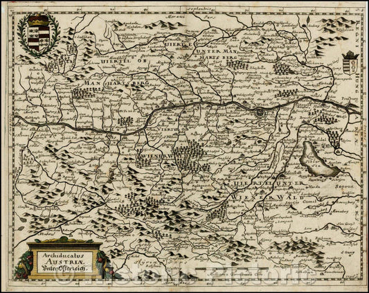 Historic Map - Archiducatus Austriae Unter Ostereich/Map of Auistria, including 2 coats of arms and cartouche, 1640, Matthaus Merian - Vintage Wall Art