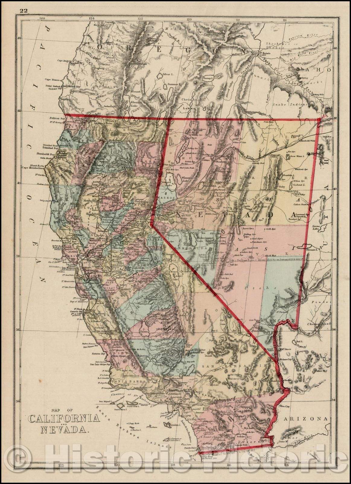 Historic Map - Map of California and Nevada, 1873, J. David Williams - Vintage Wall Art