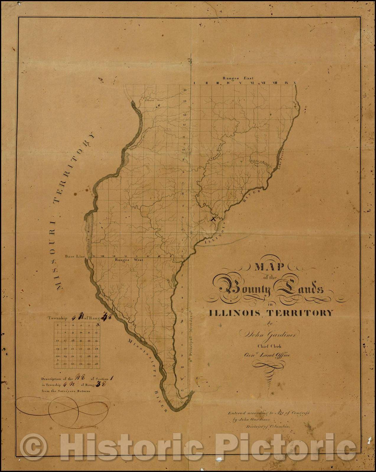 Historic Map - Map of the Bounty Lands in Illinois Territory, 1817, John Gardiner - Vintage Wall Art