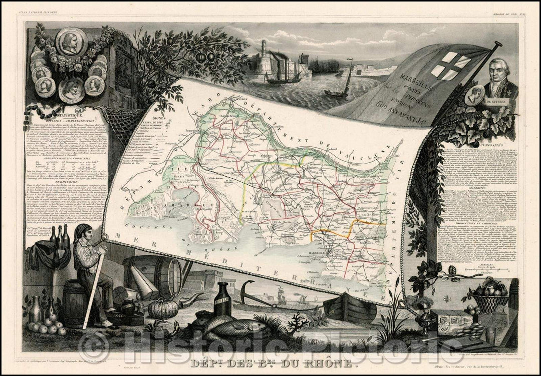 Historic Map - Dept. Des Bes. Du Rhone/Map of the Provence Region of France, 1852, Victor Levasseur - Vintage Wall Art
