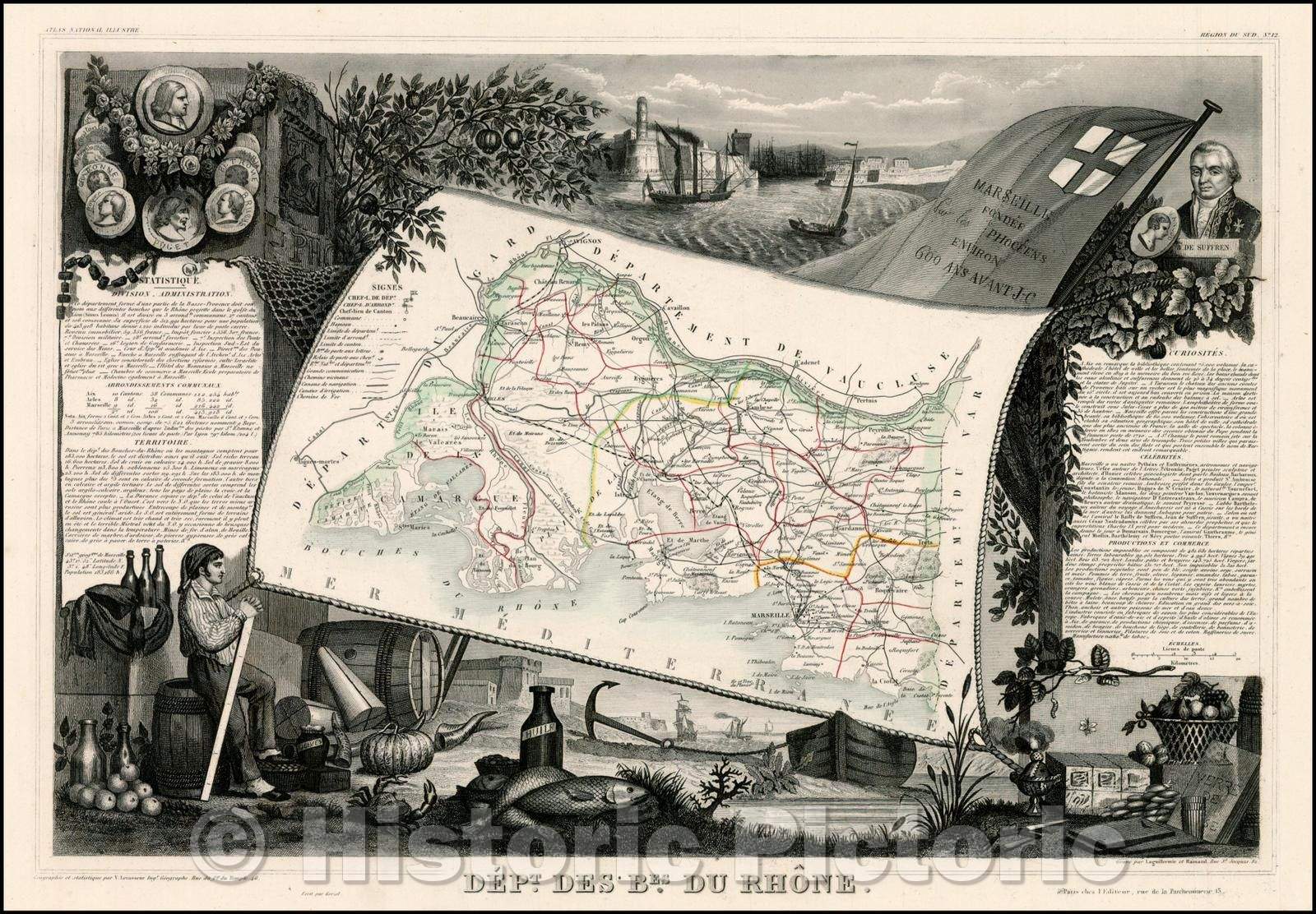 Historic Map - Dept. Des Bes. Du Rhone/Map of the Provence Region of France, 1852, Victor Levasseur - Vintage Wall Art