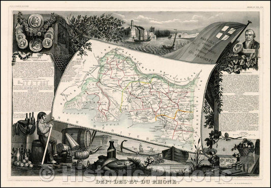 Historic Map - Dept. Des Bes. Du Rhone/Map of the Provence Region of France, 1852, Victor Levasseur - Vintage Wall Art