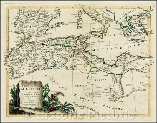 Historic Map - Le Coste Di Barbaria Ovvero I Regni di Marocco di Fez Di Algeri :: Mediterranean and North Africa, Gibraltar to Greece and Libya, 1784 - Vintage Wall Art