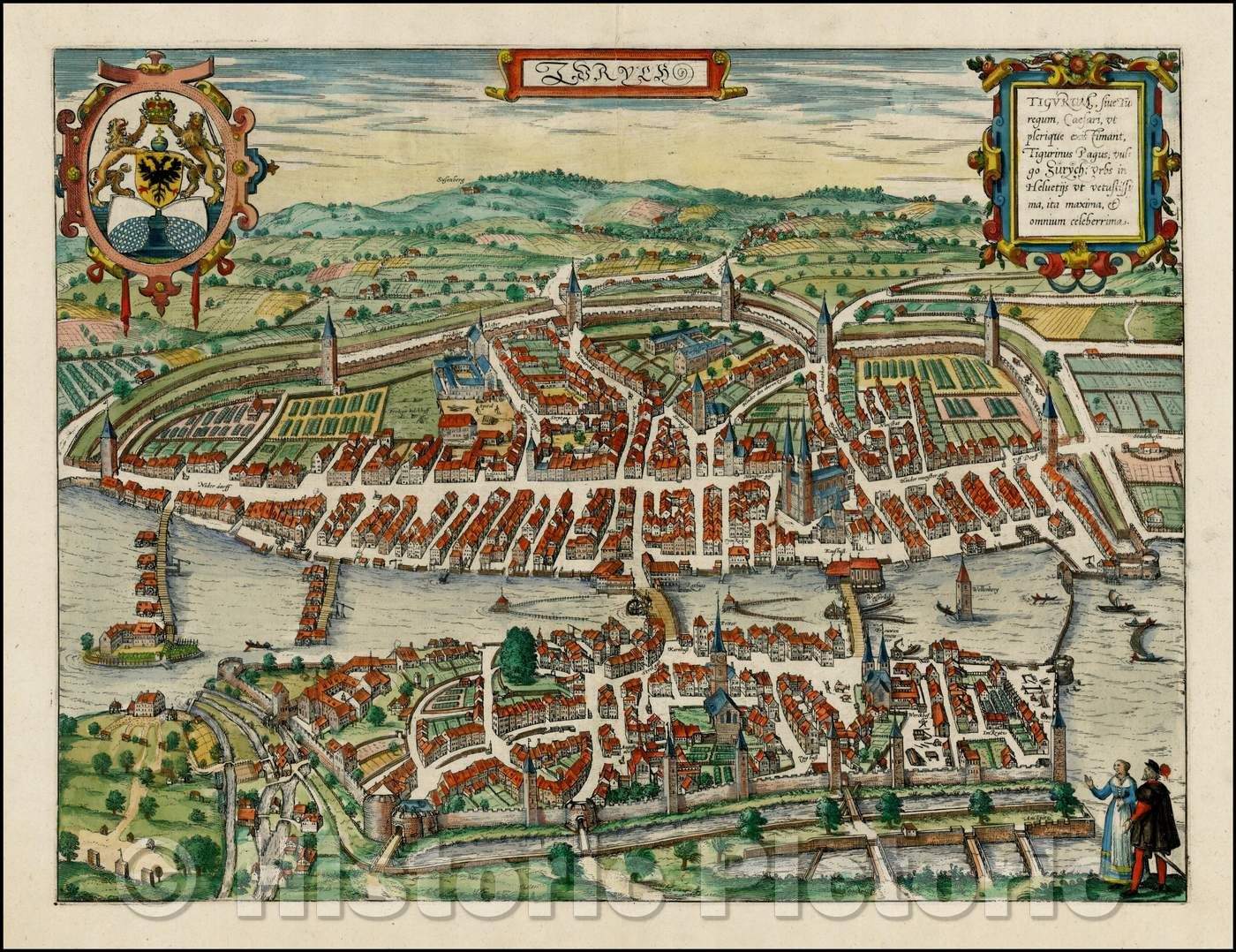 Historic Map - Zurych - Tigurum, sive Turegum, Caesari, ut Plerique Existimant, Tigurinus/, 1581, Georg Braun - Vintage Wall Art