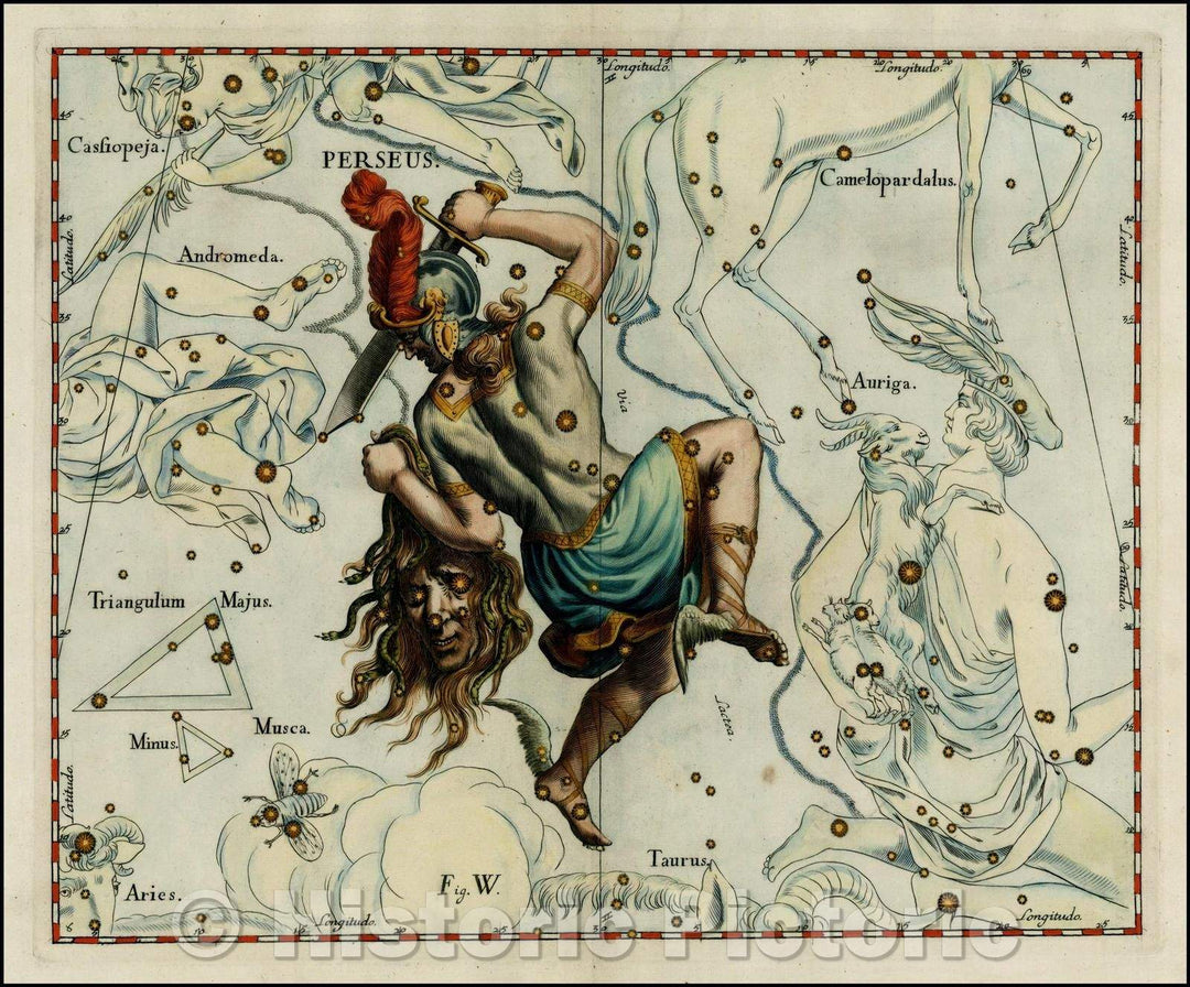 Historic Map - Perseus (Stars heightened in gold), 1687, Johannes Hevelius - Vintage Wall Art