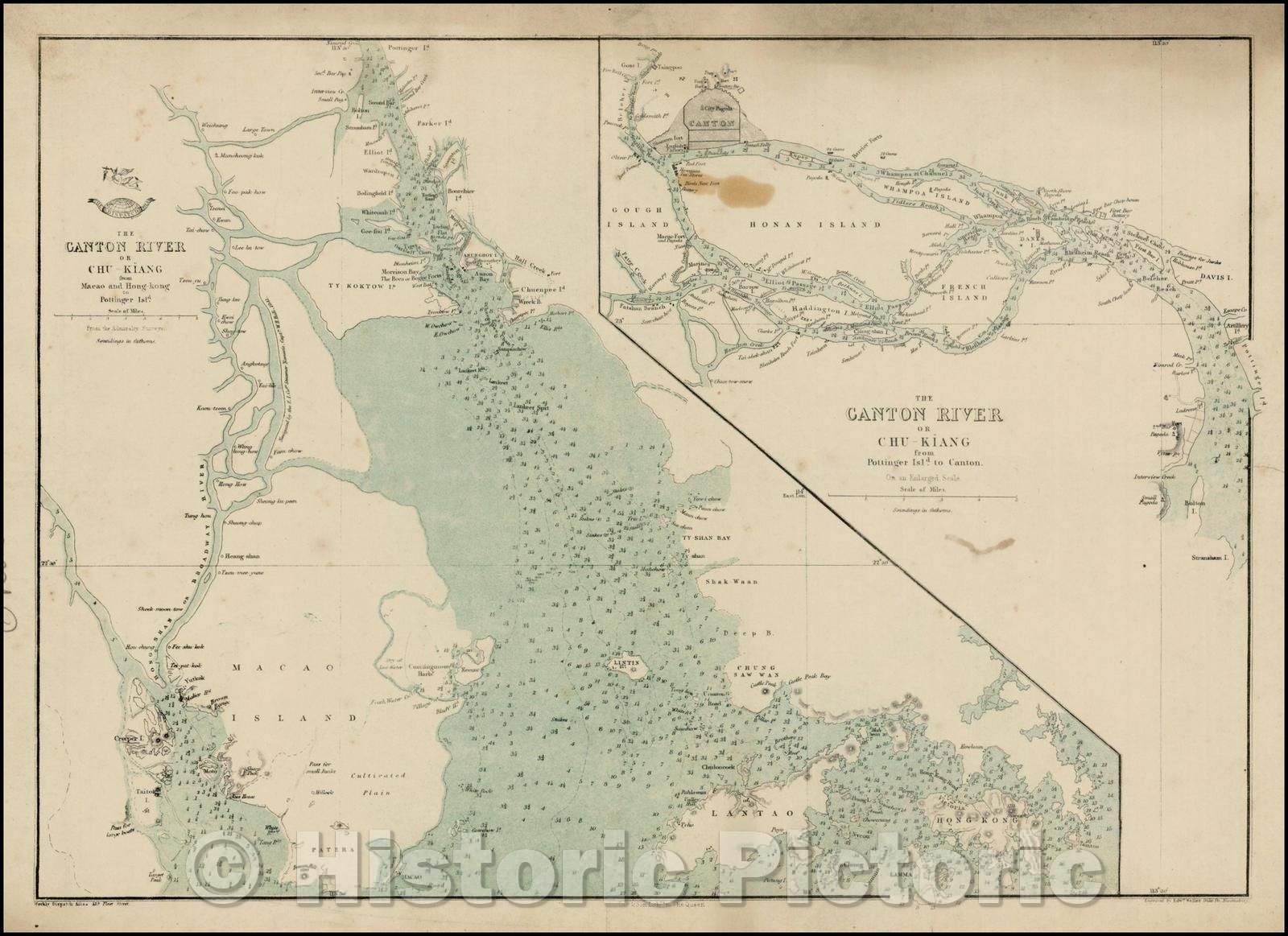 Historic Map - The Canton River or Chu-Kiang from Macao and Hong-Kong to Pottinger Isld. (with) The Canton River of Chu-Kiang from Pottinger Isld. to Canton, 1863 - Vintage Wall Art