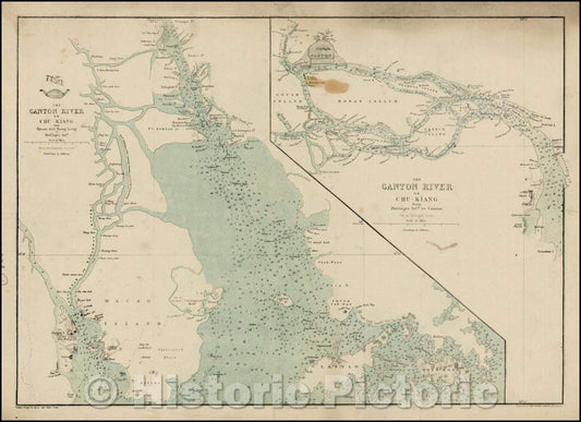 Historic Map - The Canton River or Chu-Kiang from Macao and Hong-Kong to Pottinger Isld. (with) The Canton River of Chu-Kiang from Pottinger Isld. to Canton, 1863 - Vintage Wall Art