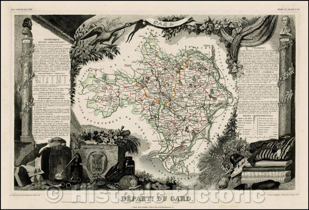 Historic Map - Deptartt. Du Gard/Map of the Provence Region of France, 1852, Victor Levasseur - Vintage Wall Art
