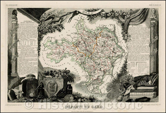 Historic Map - Deptartt. Du Gard/Map of the Provence Region of France, 1852, Victor Levasseur - Vintage Wall Art