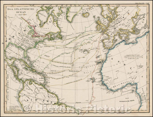 Historic Map - Der Atlantische Ocean/Map of hte Atlantic, showing a number of routes across the Atlantic, 1859, Adolf Stieler - Vintage Wall Art