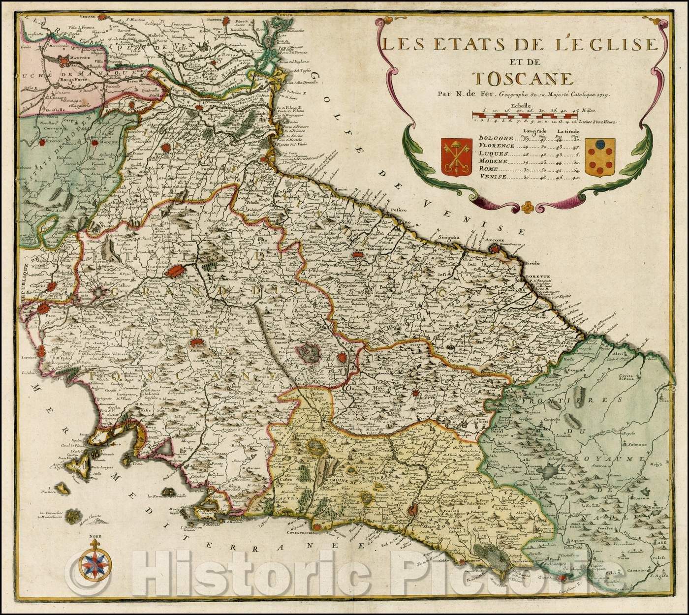 Historic Map - Les Estats De L'Eglise, Et De Toscane/Map of Tuscany and the Church of the State, 1705, Nicolas de Fer - Vintage Wall Art