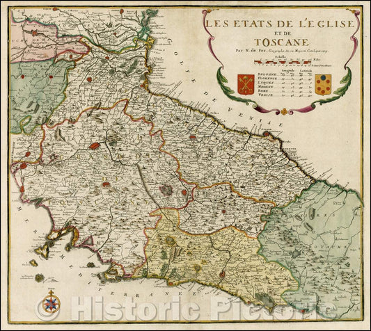 Historic Map - Les Estats De L'Eglise, Et De Toscane/Map of Tuscany and the Church of the State, 1705, Nicolas de Fer - Vintage Wall Art
