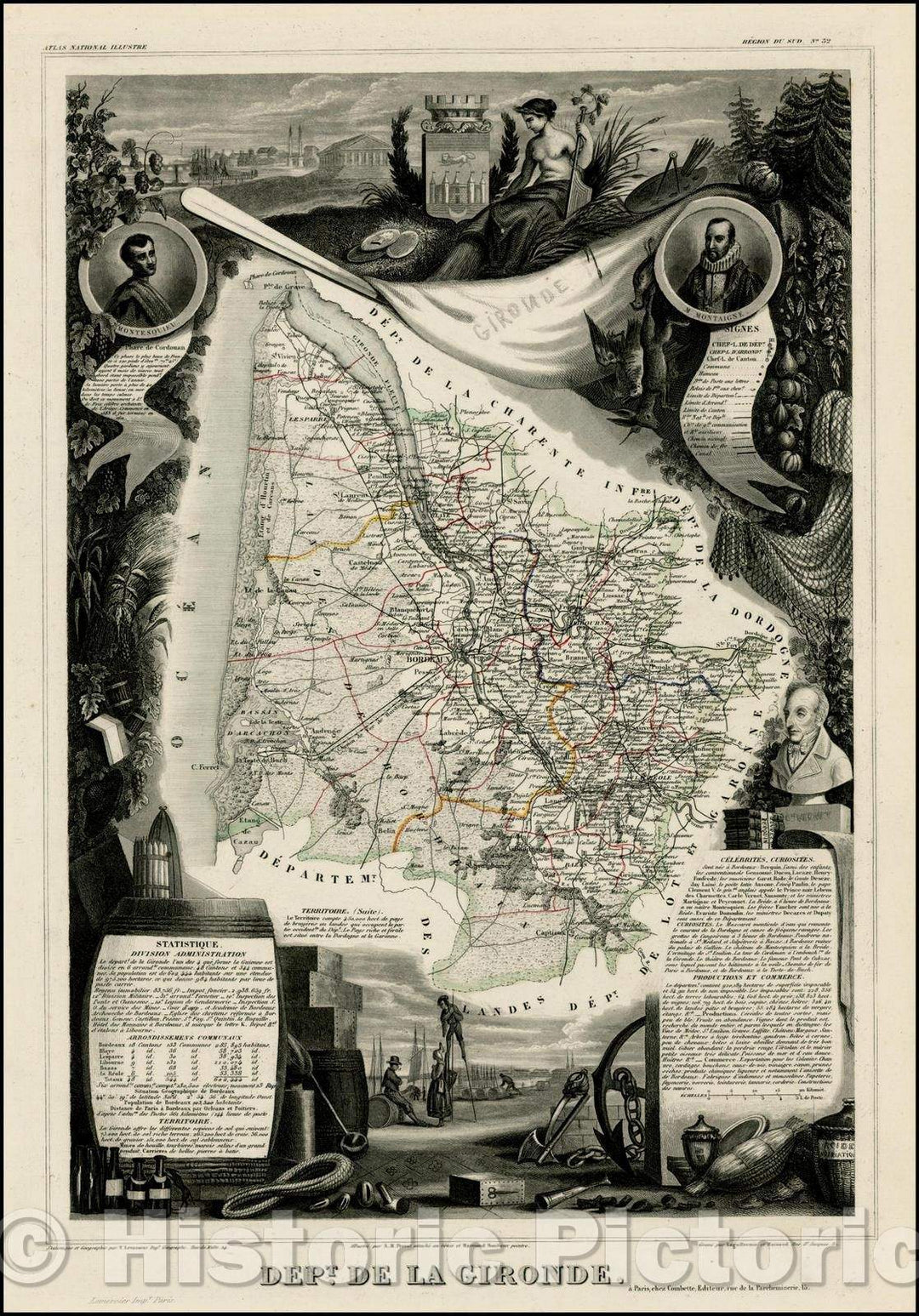 Historic Map - Dept. De La Gironde [Bordeaux Region] / Map of the Gironde Region of France, 1852, Victor Levasseur - Vintage Wall Art