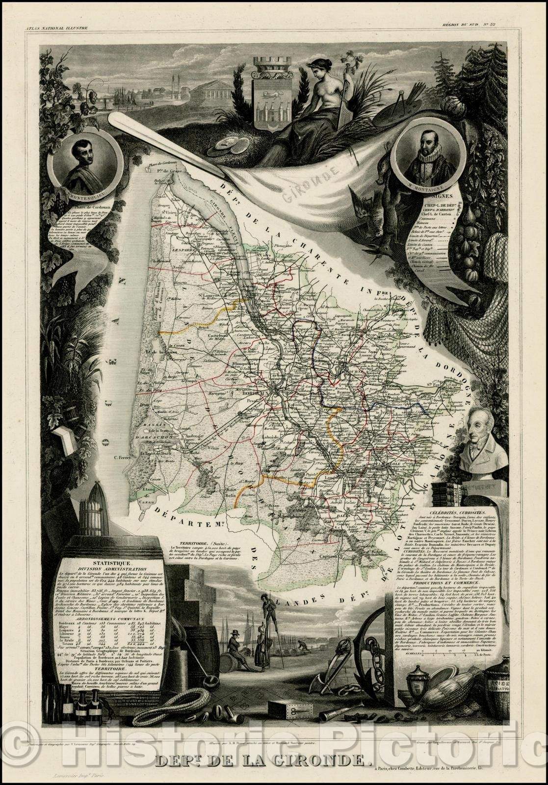 Historic Map - Dept. De La Gironde [Bordeaux Region] / Map of the Gironde Region of France, 1852, Victor Levasseur - Vintage Wall Art
