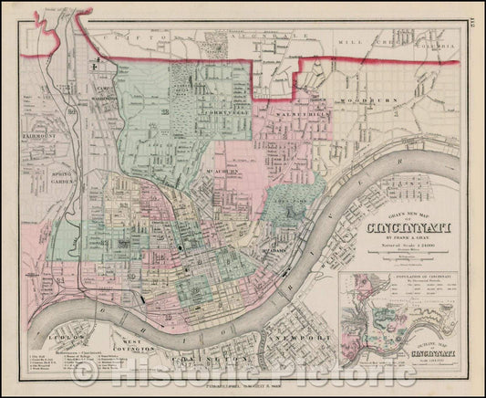 Historic Map - Gray's New Map of Cincinnati, 1878, OW Gray - Vintage Wall Art
