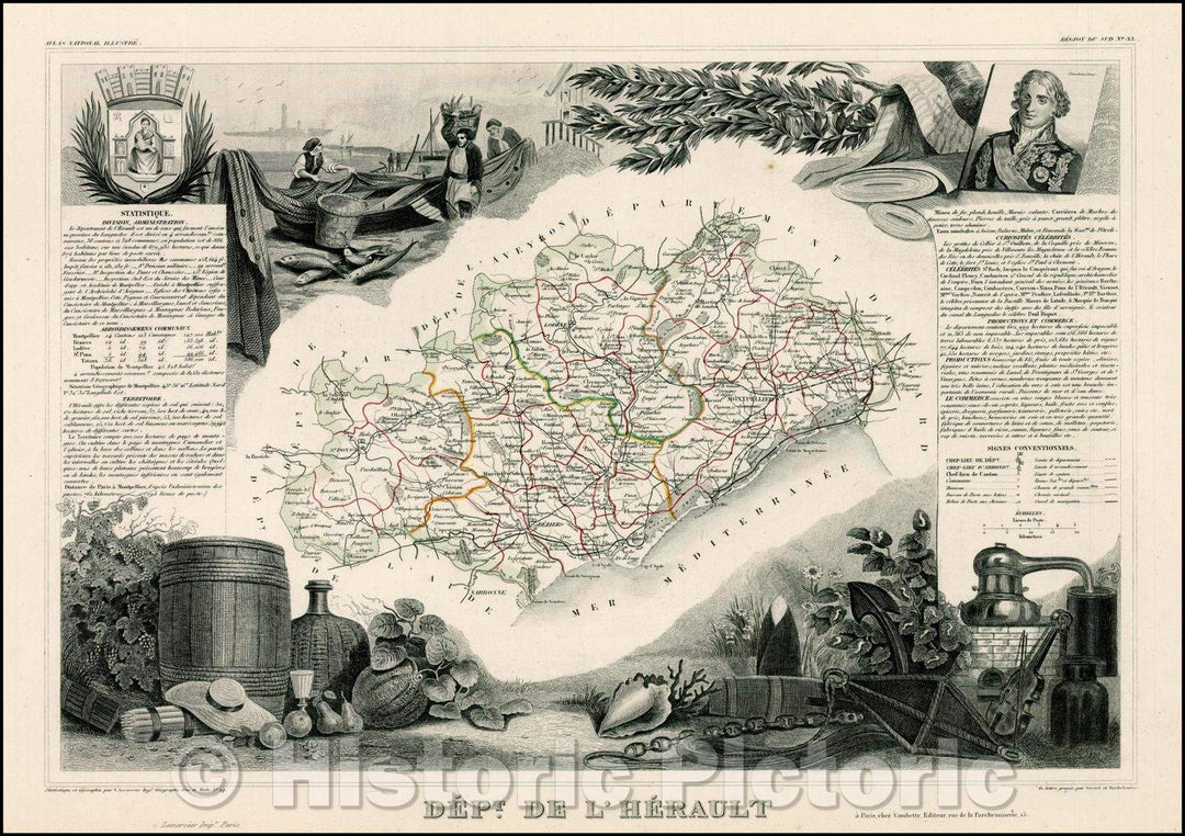 Historic Map - Dept. De L'Herault [Montpellier Region] / Map of the Gironde Region of France, 1849, Victor Levasseur - Vintage Wall Art