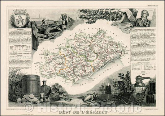 Historic Map - Dept. De L'Herault [Montpellier Region] / Map of the Gironde Region of France, 1849, Victor Levasseur - Vintage Wall Art