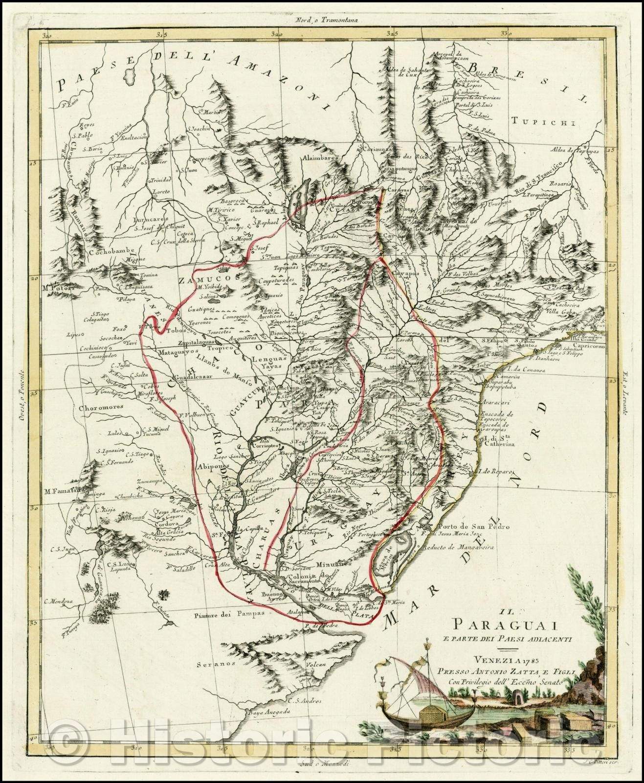 Historic Map - Il Paraguai E Pate Dei Paesi Adia :: Regional from the Region around the mouth of the River Plate and Buenos Aires north, Rio S. Francisco, 1785 - Vintage Wall Art