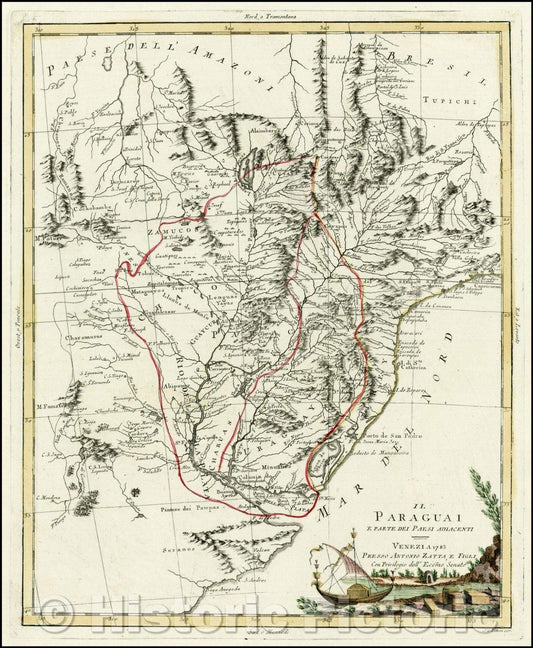 Historic Map - Il Paraguai E Pate Dei Paesi Adia :: Regional from the Region around the mouth of the River Plate and Buenos Aires north, Rio S. Francisco, 1785 - Vintage Wall Art