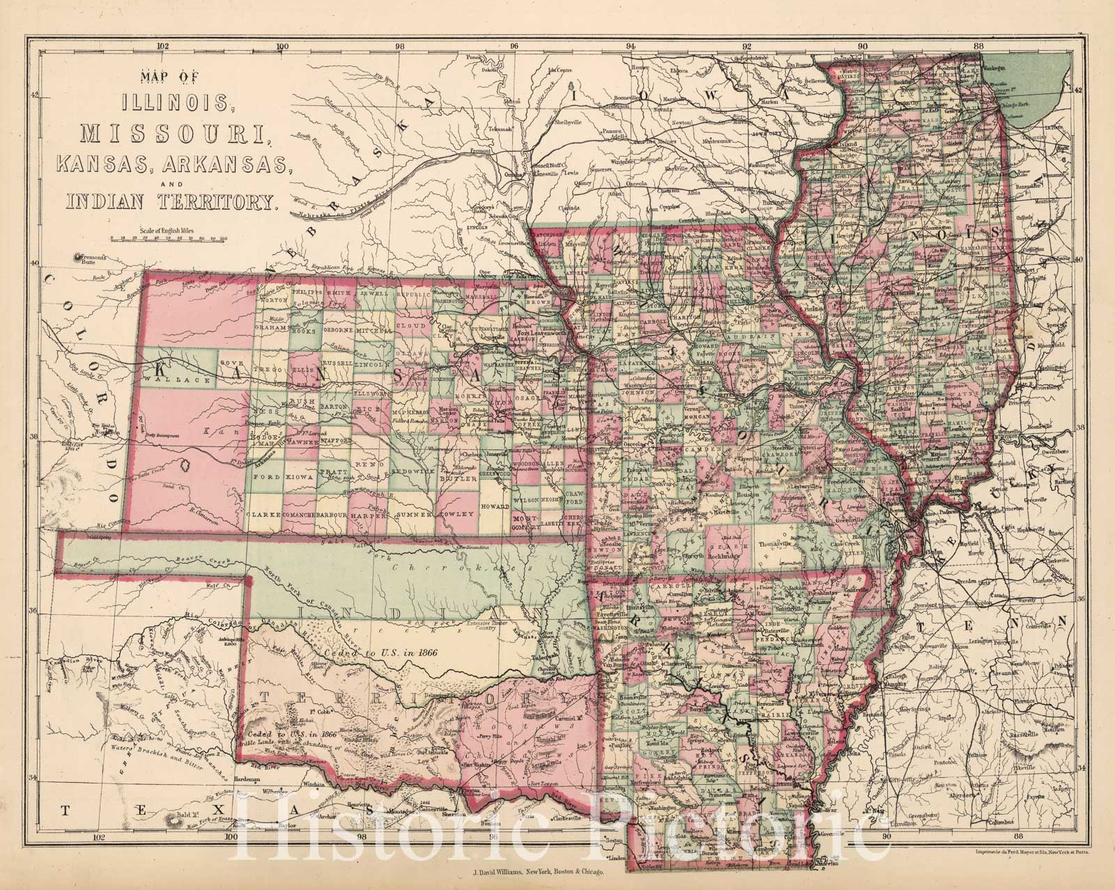 Illinois, Missouri, Kansas, Arkansas - Regional Map, 1873 | Historical Print