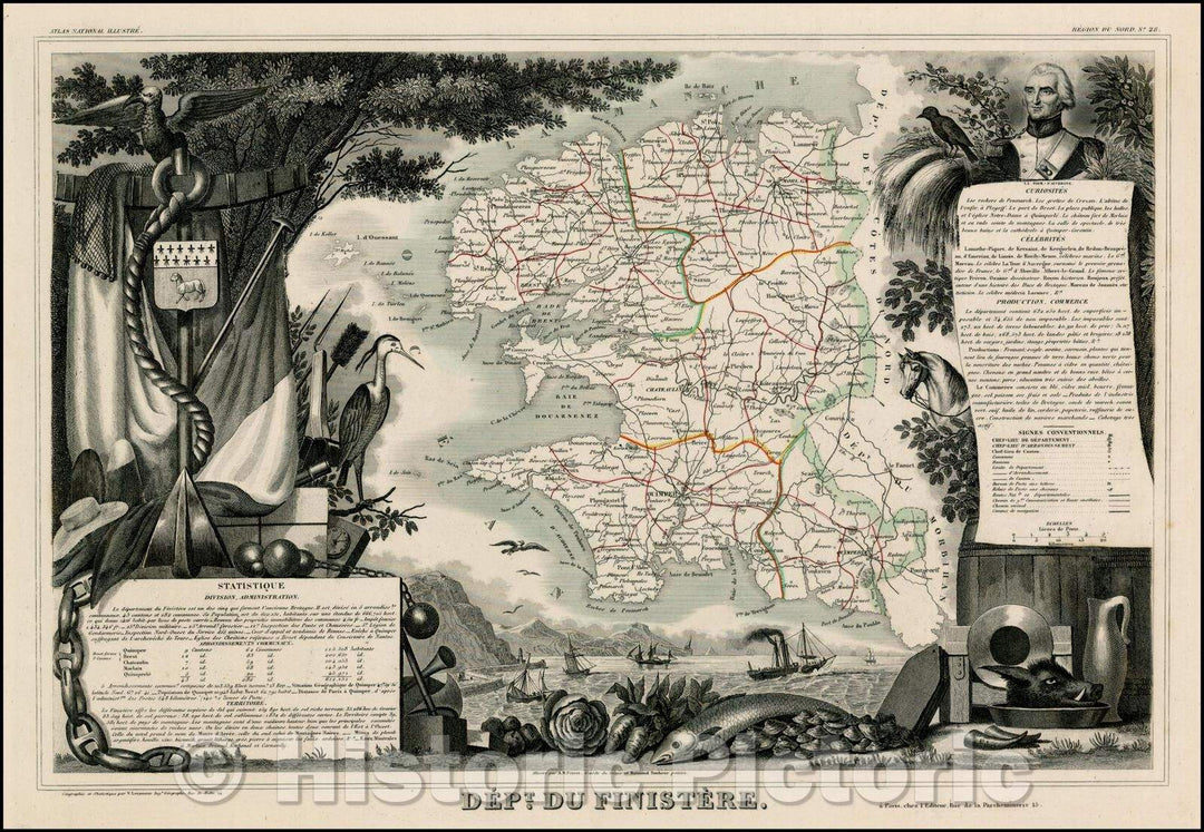Historic Map - Dept. De Finistere/Map of the Finistere Region of France, 1848, Victor Levasseur - Vintage Wall Art