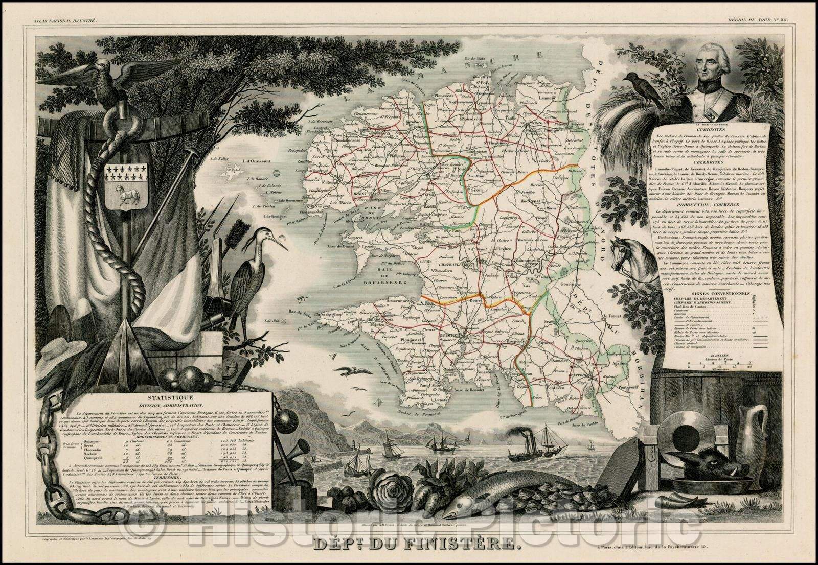 Historic Map - Dept. De Finistere/Map of the Finistere Region of France, 1848, Victor Levasseur - Vintage Wall Art