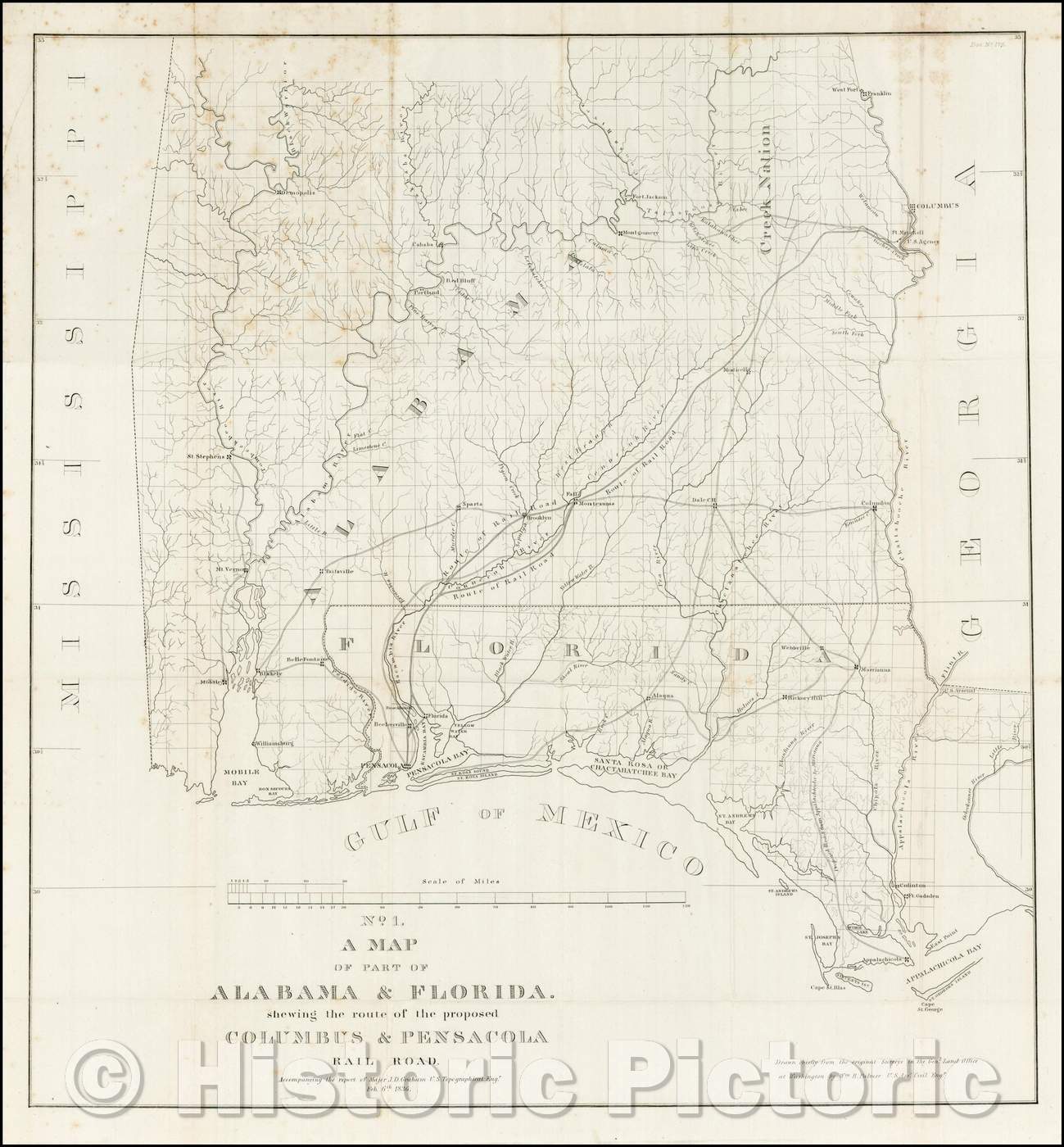 Historic Map - A Map of Part of Alabama & Florida, shewing the route of the proposed Columbus & Pensacola Rail Road, 1836, U.S. Government - Vintage Wall Art
