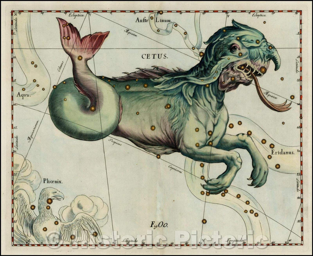 Historic Map - Cetus (Stars heightened in gold), 1687, Johannes Hevelius - Vintage Wall Art