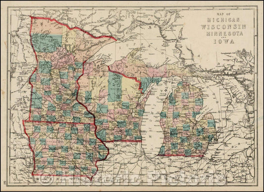 Historic Map - Map of Michigan, Wisconsin, Minnesota and Iowa, 1873, J. David Williams - Vintage Wall Art