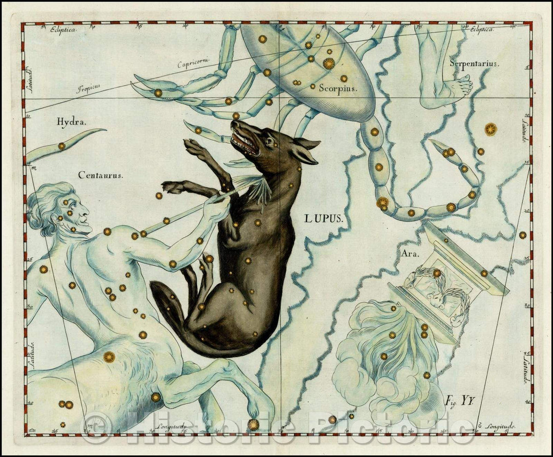 Historic Map - Lupus (Stars heightened in gold), 1687, Johannes Hevelius - Vintage Wall Art