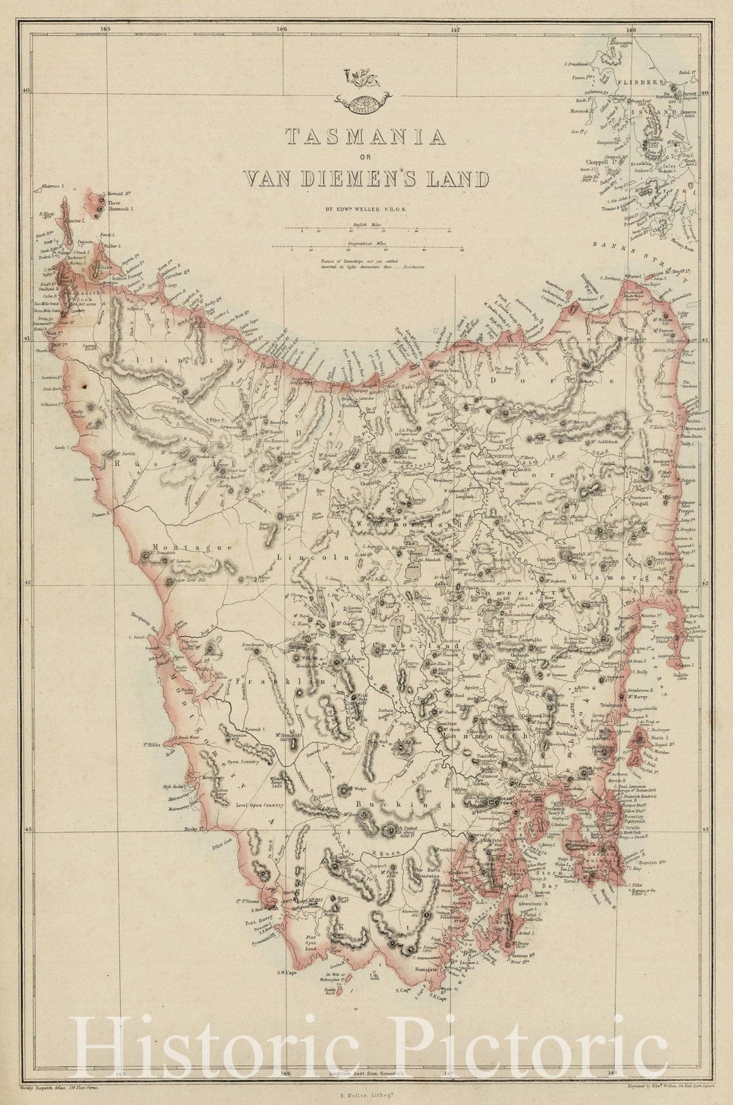 Historic Map - Tasmania or Van Diemen's land/Tasmania or Van Diemen's land, 1860, Edward Weller - Vintage Wall Art