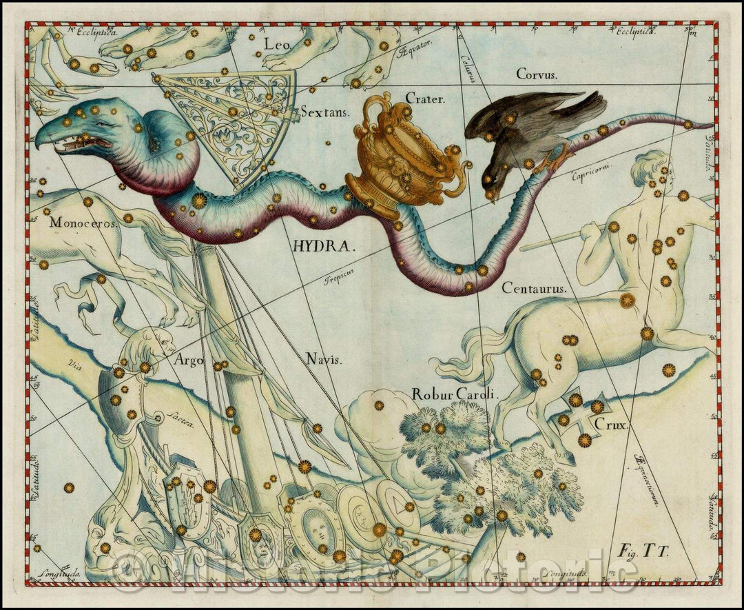 Historic Map - Hydra (Stars heightened in gold), 1687, Johannes Hevelius - Vintage Wall Art