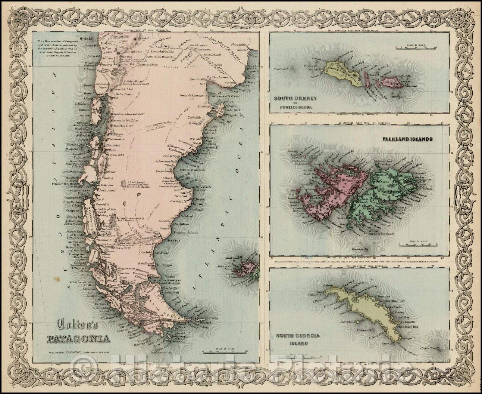 Historic Map - Colton's Patagonia [with] South Orkney [with] Falkland Islands [with] South Georgia Island, 1860, G.W. & C.B. Colton - Vintage Wall Art