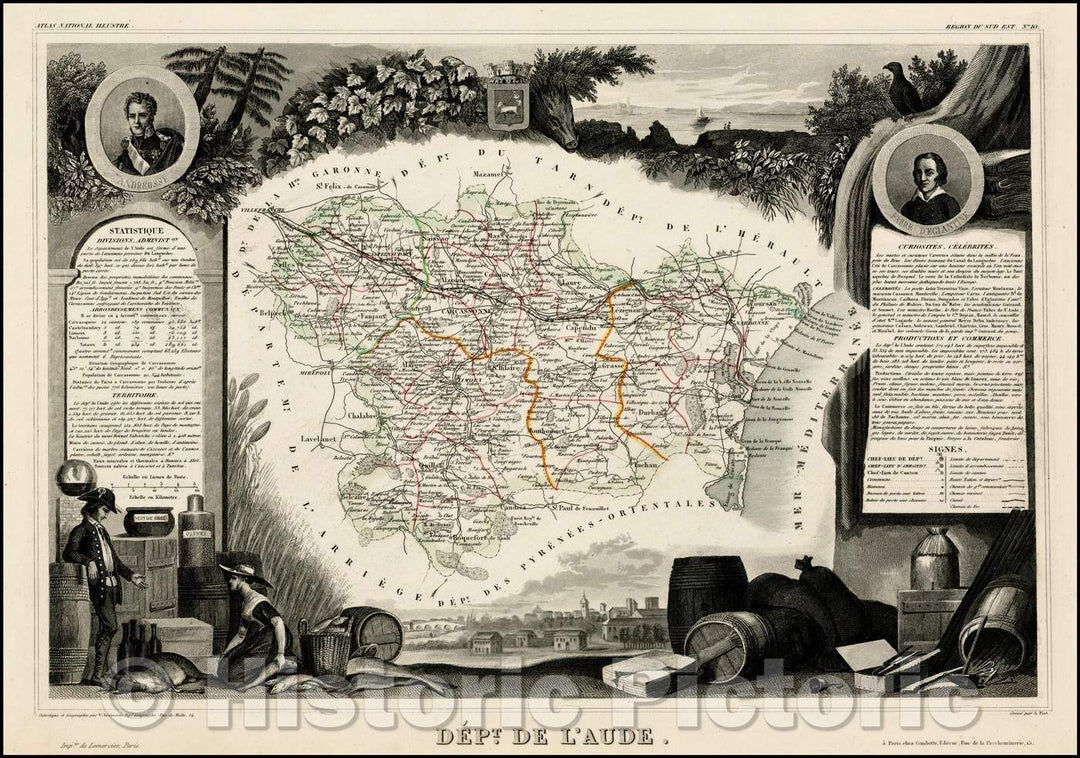 Historic Map - Dept. De L'Aude/Map this section of the South of France, 1852, Victor Levasseur - Vintage Wall Art