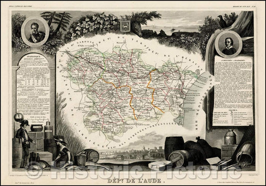 Historic Map - Dept. De L'Aude/Map this section of the South of France, 1852, Victor Levasseur - Vintage Wall Art