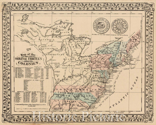 Original Thirteen Colonies - Revolutionary War Map, 1876 | Historical Map Print