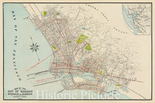 Oakland Berkeley and Alameda - City Map, 1899 | Historical Map Print